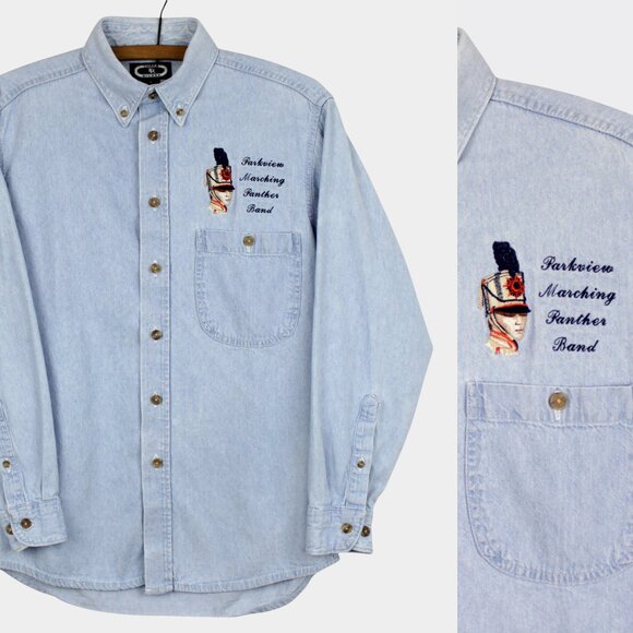 Vintage Parkview Marching Band Denim Shirt, Blue Jean Embroidered Button Down - Picture 1 of 8